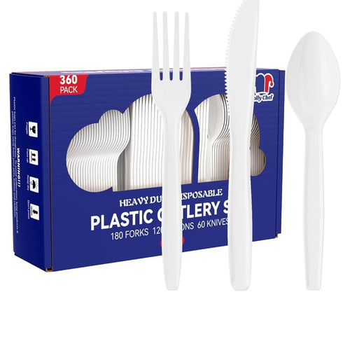 Plastic Cutlery Set, White Disposable Plastic Flatware, Heavy Duty, 360 Count