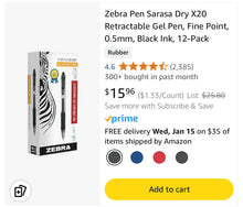 Load image into Gallery viewer, Zebra Retractable Gel Pens, Fine Point, 0.5mm, Black Ink, 12 Pack
