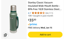 Load image into Gallery viewer, Stanley Classic Vacuum Insulated Wide Mouth Bottle, 18/8 SS Green Thermos Cup, 1.1qt
