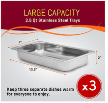 Load image into Gallery viewer, Triple 2.5 Qt Buffet Server, Stainless Steel Food Warmer, Temp Control &amp; Clear Slotted Lids
