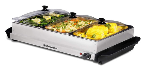 Triple 2.5 Qt Buffet Server, Stainless Steel Food Warmer, Temp Control & Clear Slotted Lids