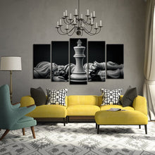 Load image into Gallery viewer, King and Knight of Chess Wall Decor, 5 Piece Combined Canvas Set 60&quot; x 32&quot;, Black &amp; White 
