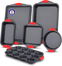 Load image into Gallery viewer, Oven Bakeware Set, Nonstick Carbon Steel with Red Silicone Handles, 6 Piece, Black
