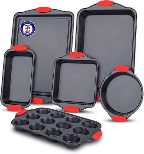Oven Bakeware Set, Nonstick Carbon Steel with Red Silicone Handles, 6 Piece, Black