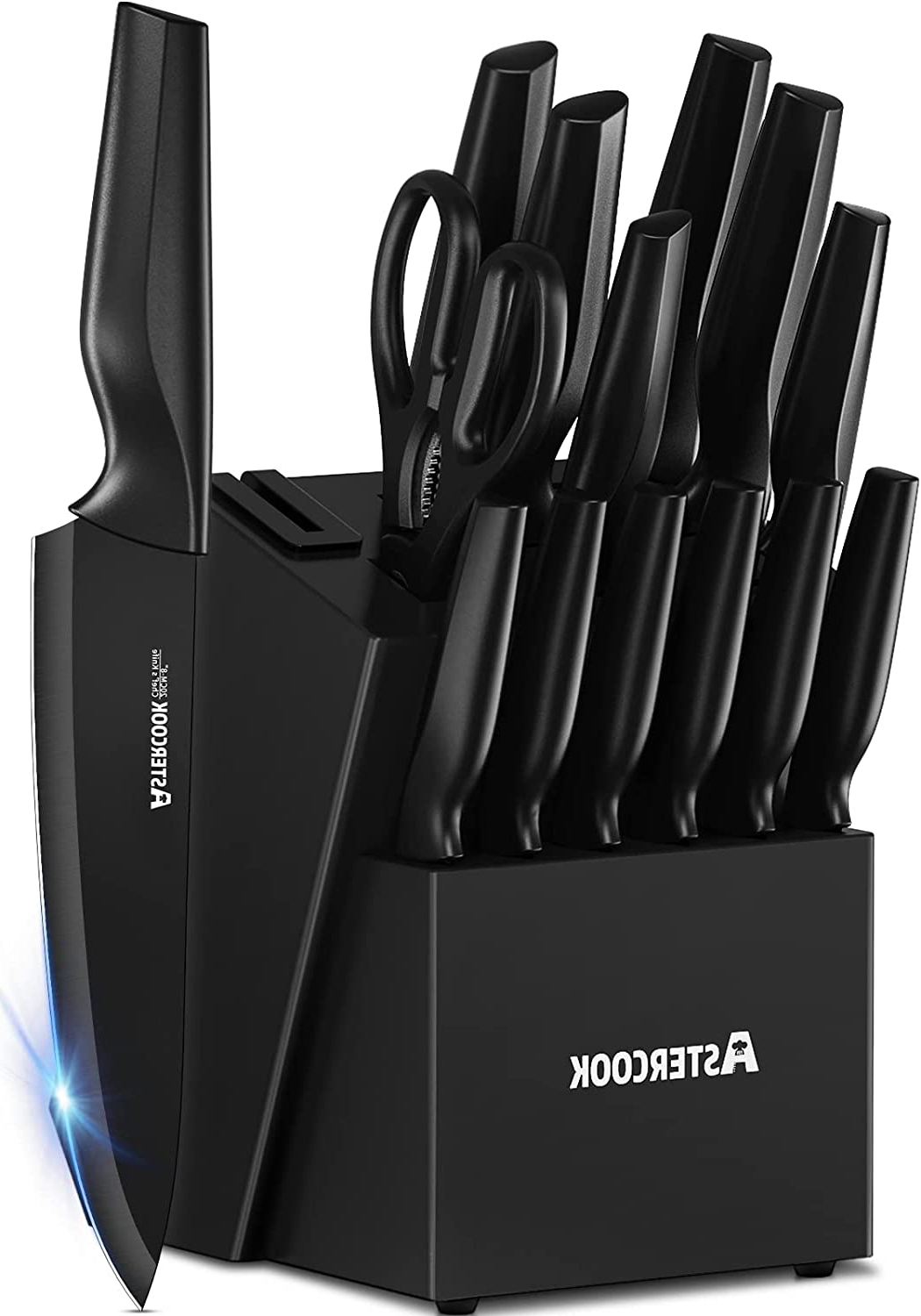 15 Piece German Stainless Steel Kitchen Knife Set, with Block & Built-In Sharpener, Black