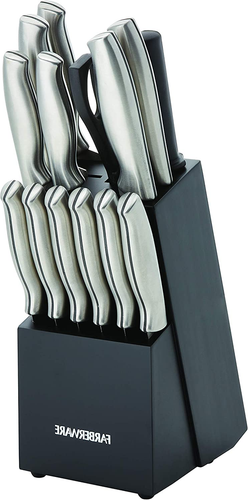 15 Pc Stainless Steel Kitchen Knife Set with Storage Block, Ergonomic Handles, Black