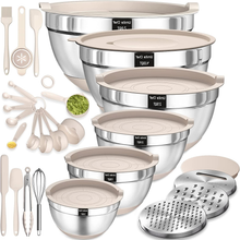 Load image into Gallery viewer, Stainless Steel Mixing Bowls with Airtight Lids, Grater Attachments &amp; Kitchen Utensils, 26 Piece Set, Khaki
