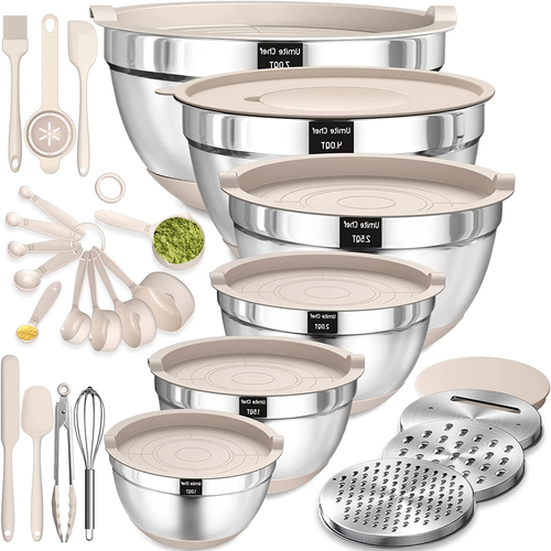 Stainless Steel Mixing Bowls with Airtight Lids, Grater Attachments & Kitchen Utensils, 26 Piece Set, Khaki