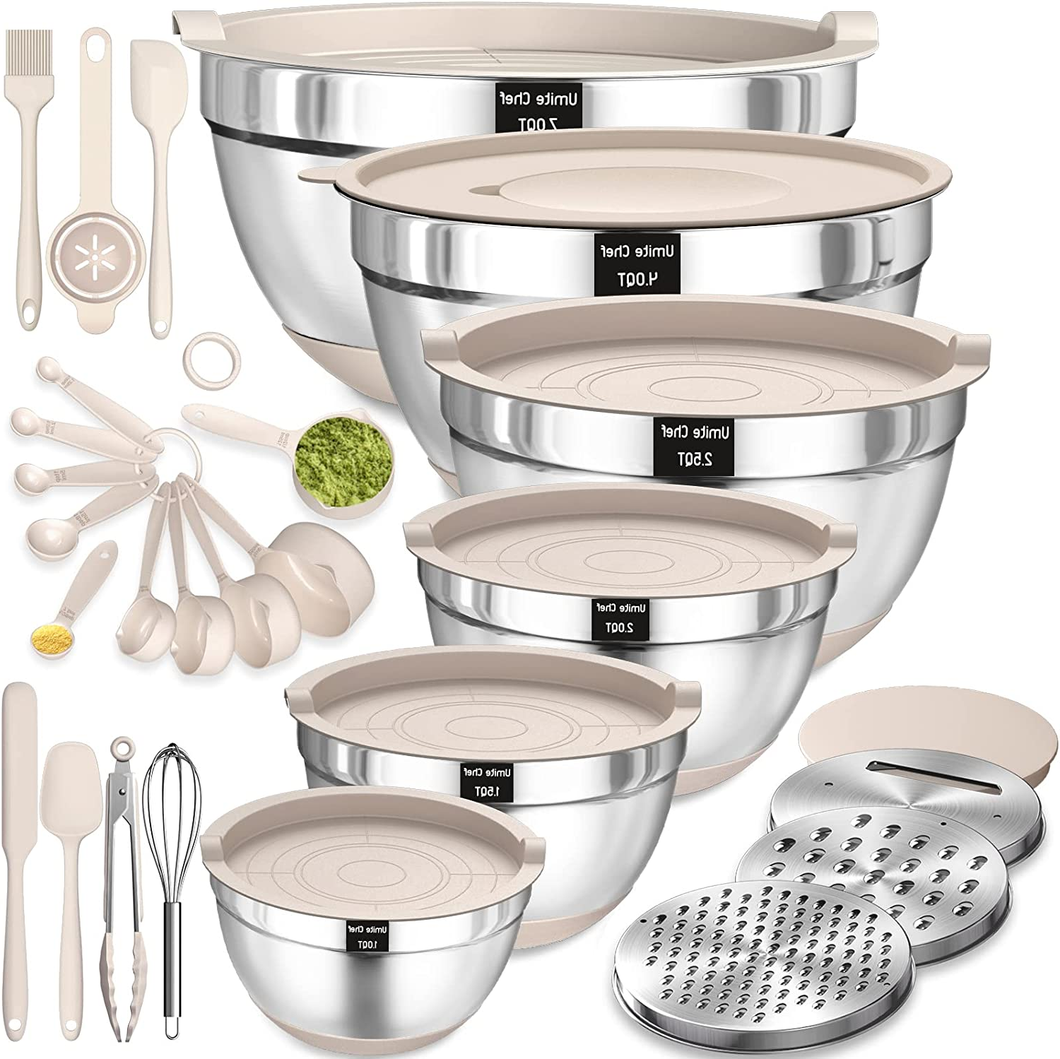Stainless Steel Mixing Bowls with Airtight Lids, Grater Attachments & Kitchen Utensils, 26 Piece Set, Khaki