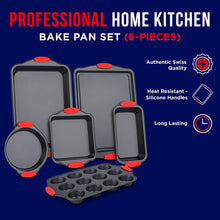 Load image into Gallery viewer, Oven Bakeware Set, Nonstick Carbon Steel with Red Silicone Handles, 6 Piece, Black
