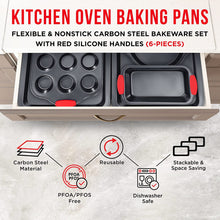 Load image into Gallery viewer, Oven Bakeware Set, Nonstick Carbon Steel with Red Silicone Handles, 6 Piece, Black
