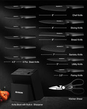 Load image into Gallery viewer, 15 Piece German Stainless Steel Kitchen Knife Set, with Block &amp; Built-In Sharpener, Black
