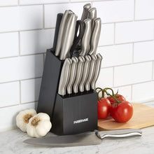 Load image into Gallery viewer, 15 Pc Stainless Steel Kitchen Knife Set with Storage Block, Ergonomic Handles, Black
